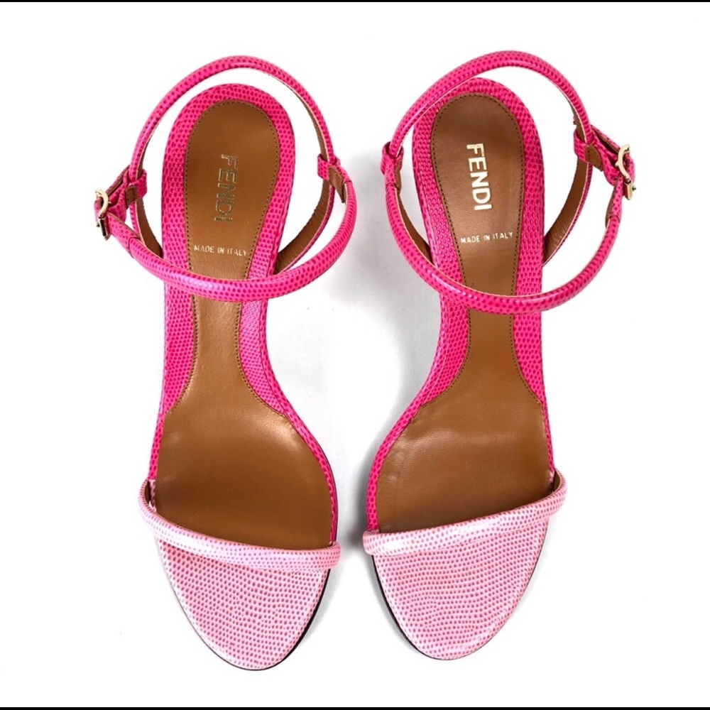 Fendi Pink Reptile Embossed Ankle Strap Heels